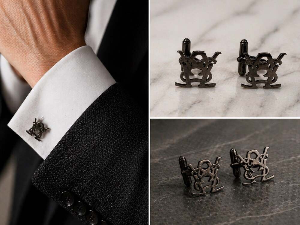 Yves Saint Laurent YSL Monogram Gunmetal Cufflinks Logo Designer Quiet Luxury